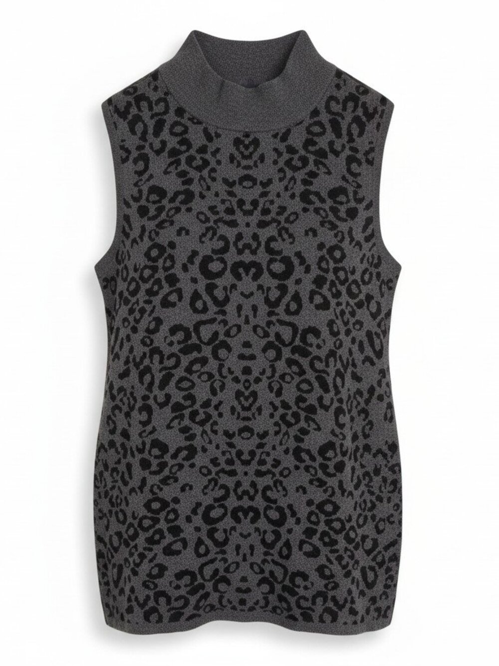 JM Collection Leopard Print Sleeveless Mock Neck Sweater Vest Gray Black Sz S